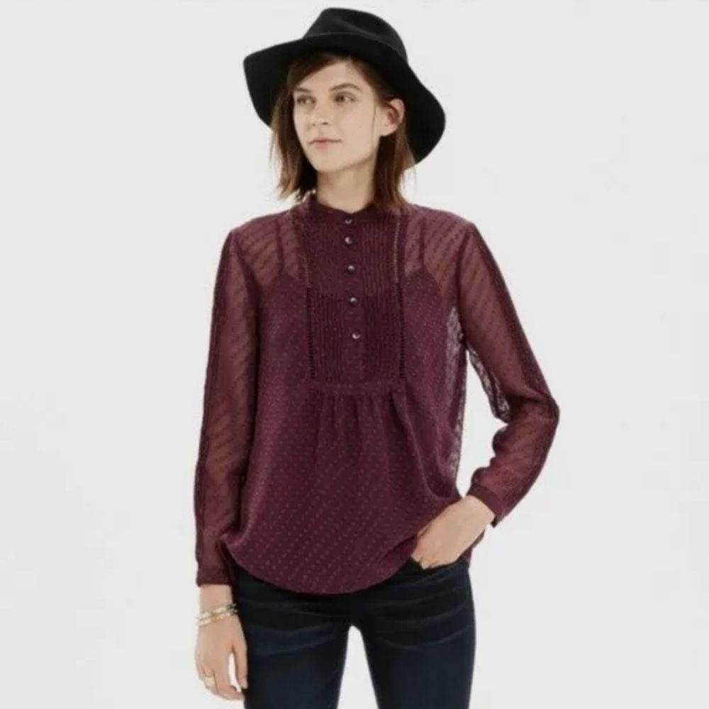 Madewell Plum Sheer Swiss Dot Boho Peasant Blouse